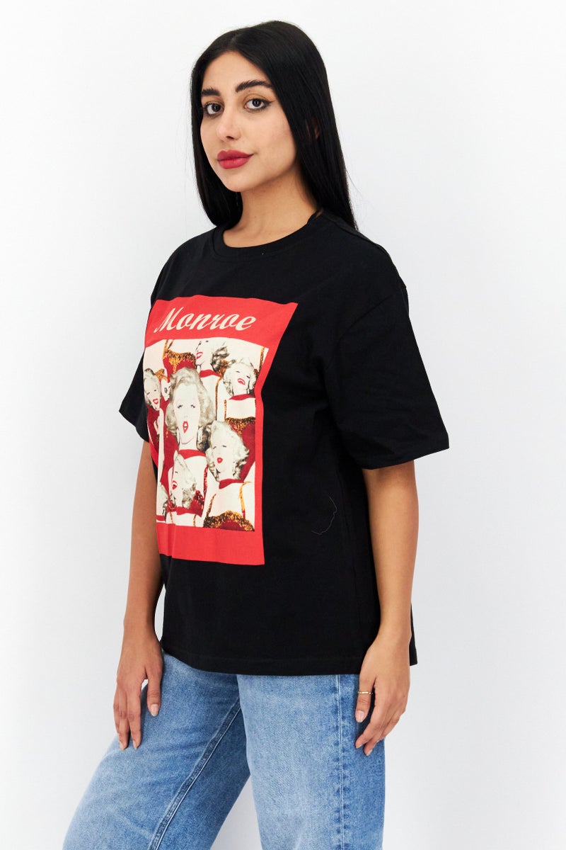 Marilyn Monroe Women Crew Neck Short Sleeves Graphic Print T-Shirt, Black Combo - Image 2